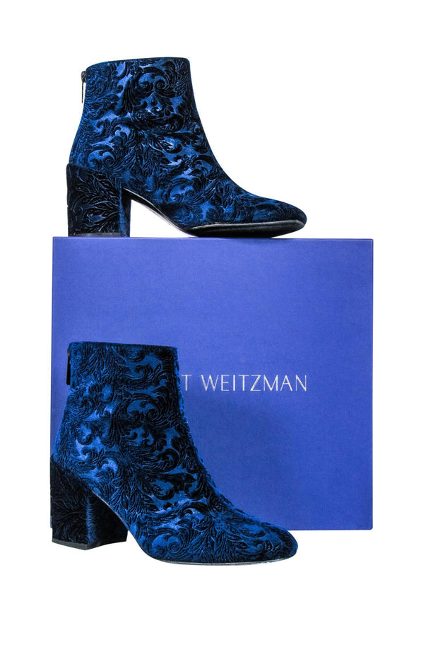 Current Boutique-Stuart Weitzman - Blue Velvet Embroidered Booties Sz 6.5
