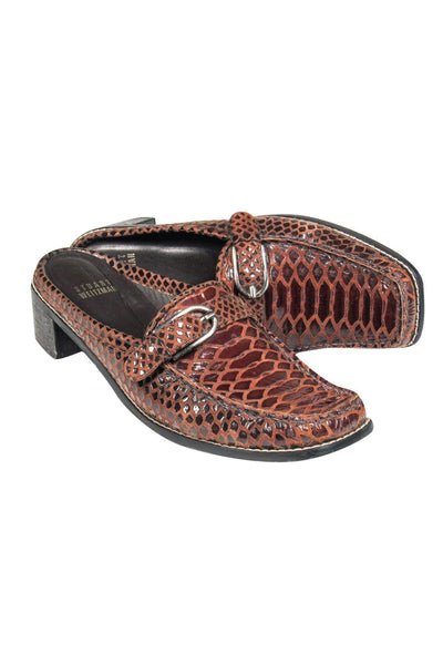 Current Boutique-Stuart Weitzman - Brown Square Toe Embossed Leather Mules Sz 7.5