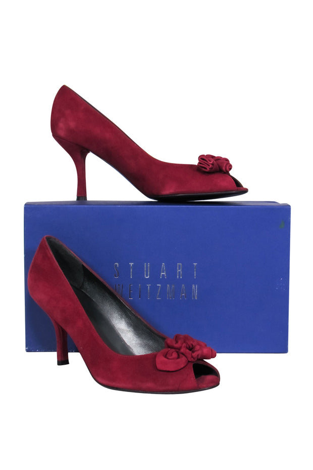 Current Boutique-Stuart Weitzman - Burgundy Suede Peep Toe Pumps w/ Knotted Rose Design Sz 9