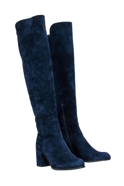 Current Boutique-Stuart Weitzman - Navy Suede Knee High Heeled Boots Sz 6.5