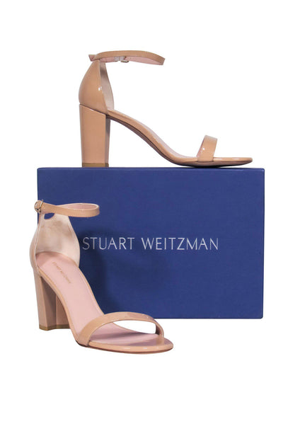 Current Boutique-Stuart Weitzman - Nude Patent Leather Strappy Block Heel "Nearly Nude" Pumps Sz 9