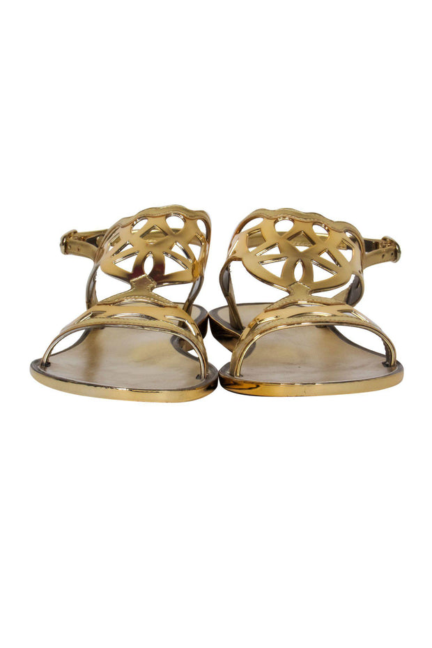 Current Boutique-Stuart Weitzman - Patent Leather Gold Cutout Sandals Sz 7