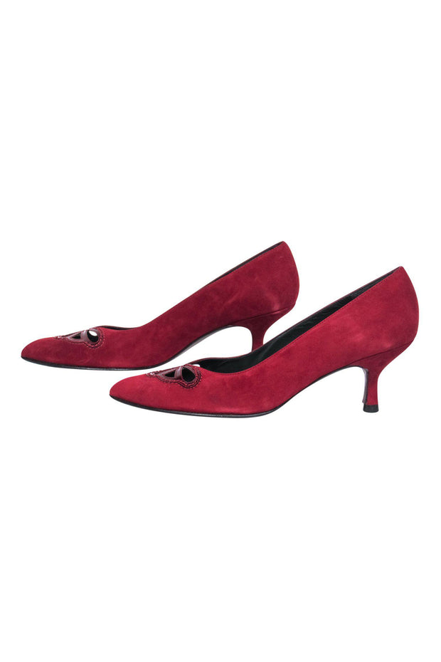 Current Boutique-Stuart Weitzman - Red Suede Pointed-Toe Kitten Heels w/ Cutouts Sz 6