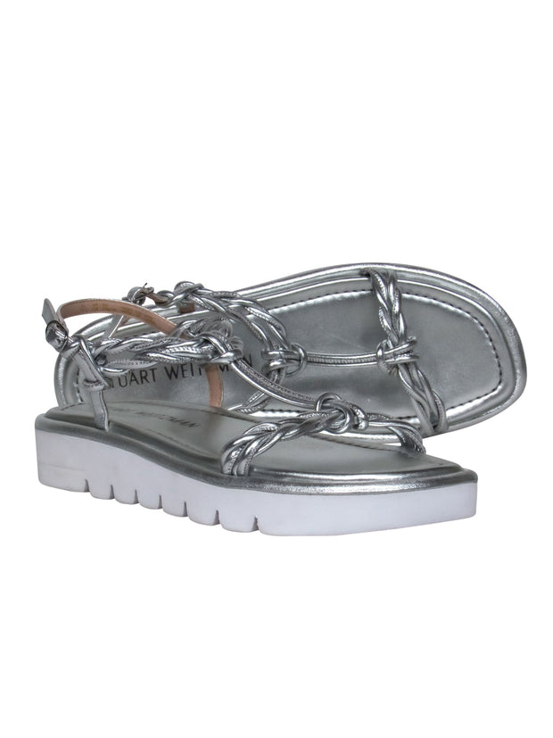 Current Boutique-Stuart Weitzman - Silver Metallic Braided Strap Platform Sandals Sz 11