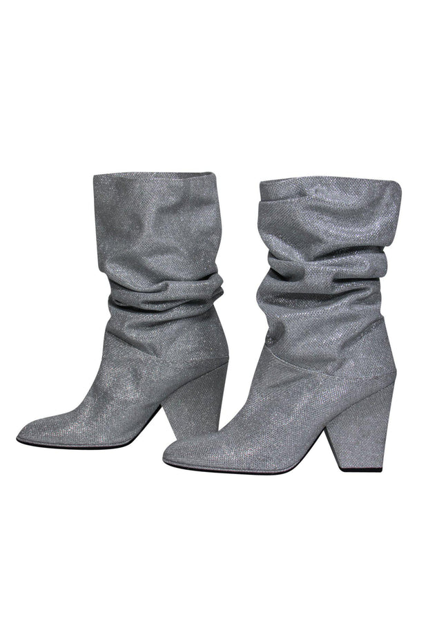 Current Boutique-Stuart Weitzman - Silver Sparkly Ruched Calf High Block Heel Boots Sz 9