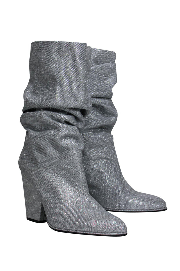 Current Boutique-Stuart Weitzman - Silver Sparkly Ruched Calf High Block Heel Boots Sz 9