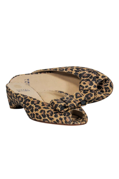 Current Boutique-Stuart Weitzman - Tan Leopard Print Woven Peep Toe Kitten Heels w/ Bow Sz 8