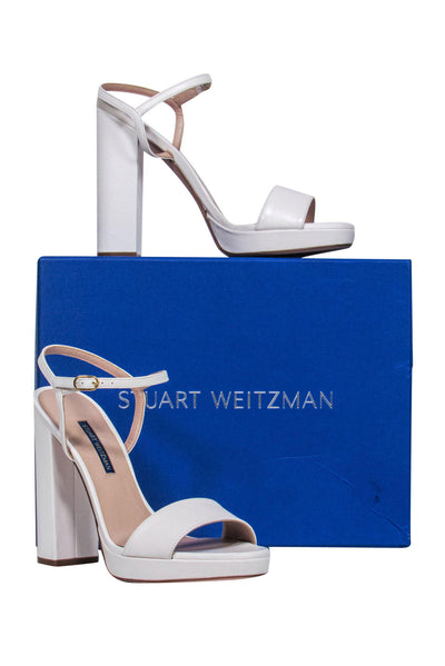 Current Boutique-Stuart Weitzman - White Leather Strappy Block Heel "Sunray" Pumps Sz 9.5