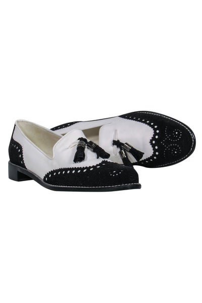 Current Boutique-Stuart Weitzman - White Leather Wingtip Loafers w/ Black Beading Sz 9