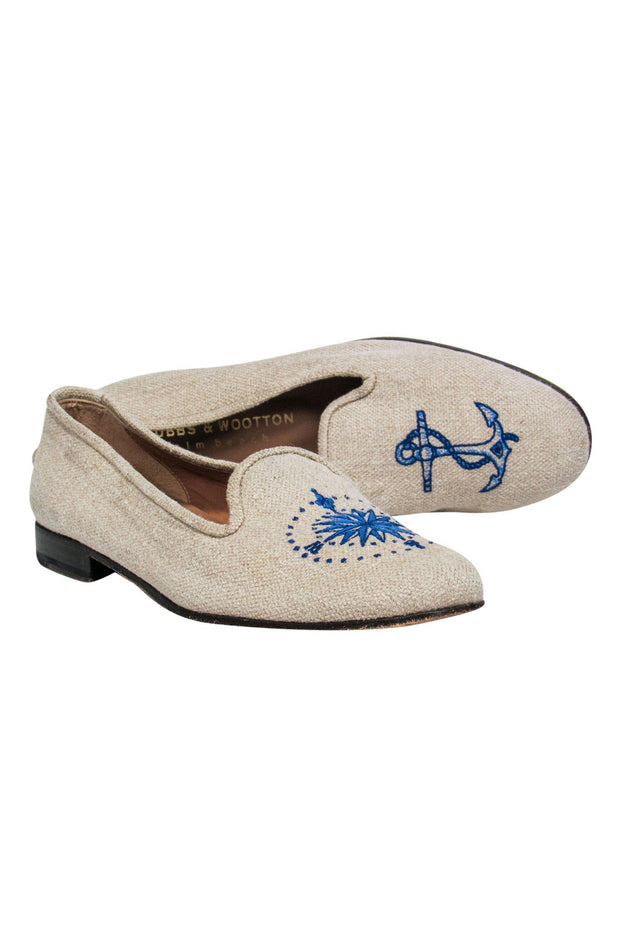 Current Boutique-Stubbs & Wootton - Beige Woven Loafers w/ Anchor & Compass Embroidery Sz 9