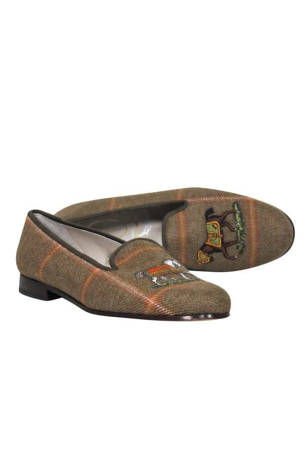 Current Boutique-Stubbs & Wootton - Green Plaid Woven Slipper Flats w/ Equestrian Embroidery Sz 9