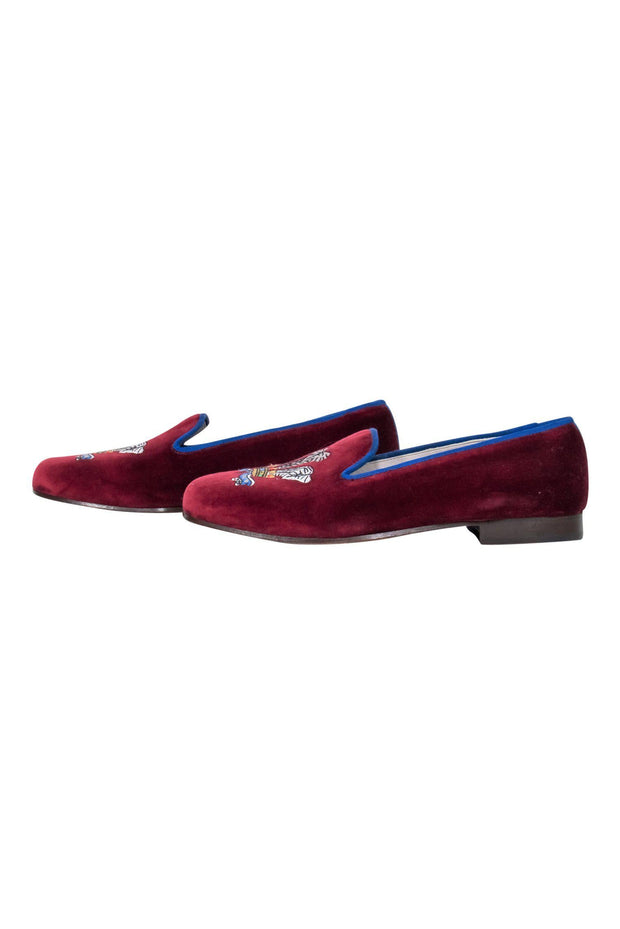 Current Boutique-Stubbs & Wootton - Maroon Velvet Loafers w/ Prince of Wales Embroidered Design Sz 8.5