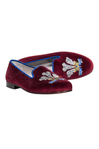 Current Boutique-Stubbs & Wootton - Maroon Velvet Loafers w/ Prince of Wales Embroidered Design Sz 8.5