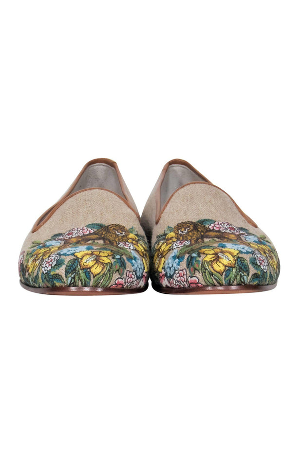 Current Boutique-Stubbs & Wootton - Tan Canvas Slipper Loafers w/ Lion Embroidery Sz 8.5