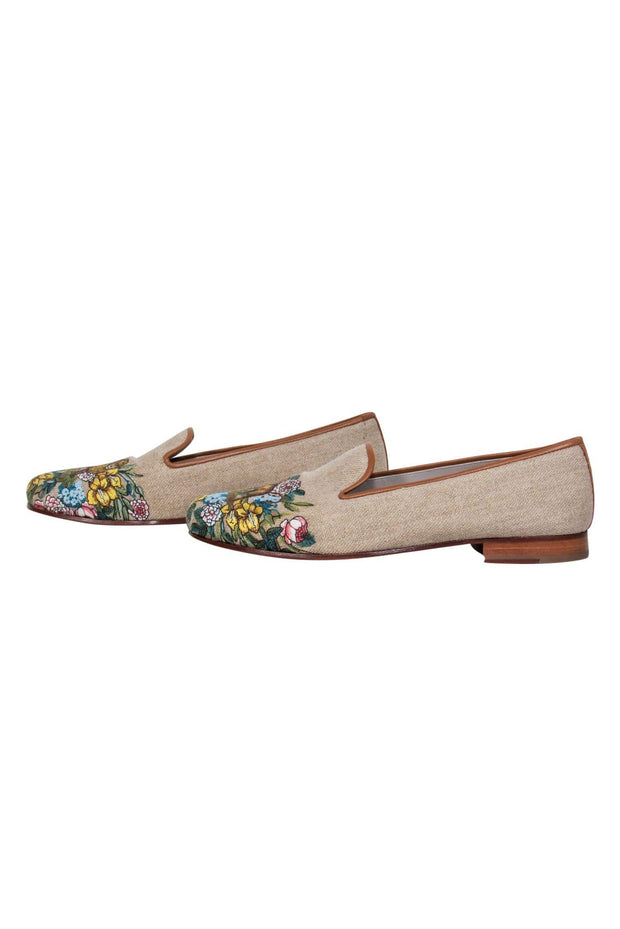 Current Boutique-Stubbs & Wootton - Tan Canvas Slipper Loafers w/ Lion Embroidery Sz 8.5