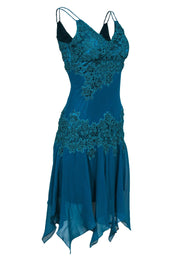 Current Boutique-Sue Wong - Aqua Green Silk Rope Embroidered & Beaded Cocktail Dress Sz 6