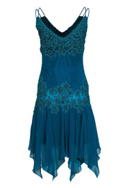 Current Boutique-Sue Wong - Aqua Green Silk Rope Embroidered & Beaded Cocktail Dress Sz 6