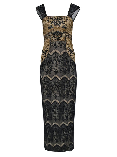 Current Boutique-Sue Wong - Beige & Black Lace Gown w/ Beading Details Sz 2