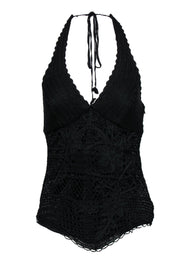 Current Boutique-Sue Wong - Black Crochet Halter Top w/ Asymmetrical Hem Sz S