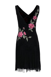 Current Boutique-Sue Wong - Black Silk Floral Embroidered Bodycon w/ Fringe Sz 6