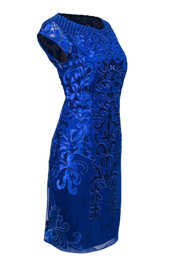 Current Boutique-Sue Wong - Cobalt Blue Metallic Embroidered Sheath Dress Sz 12