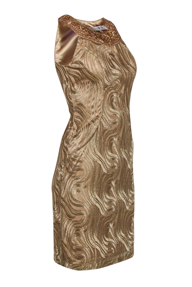 Current Boutique-Sue Wong - Gold Lace Cocktail Dress w/ Beaded Neckline Sz 0
