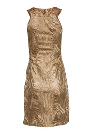 Current Boutique-Sue Wong - Gold Lace Cocktail Dress w/ Beaded Neckline Sz 0