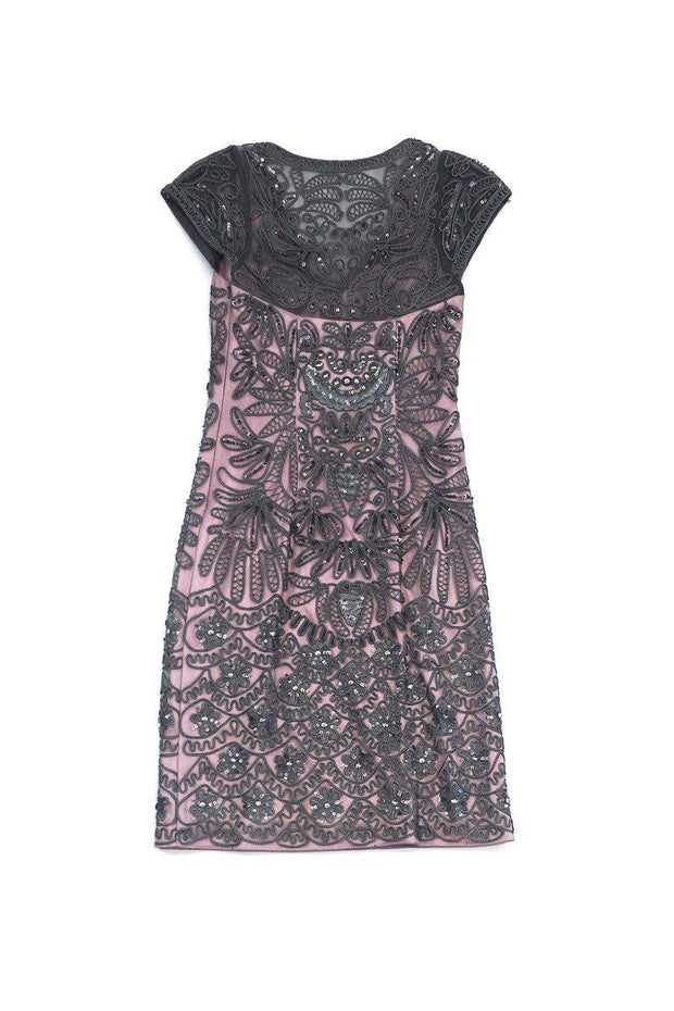 Current Boutique-Sue Wong - Grey & Pink Beaded V-Neck Dress Sz 0