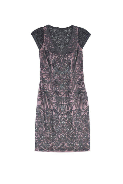 Current Boutique-Sue Wong - Grey & Pink Beaded V-Neck Dress Sz 0