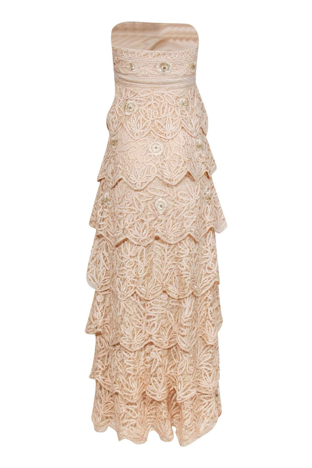 Current Boutique-Sue Wong - Nude Embellished Lace Layer Strapless Gown Sz 0