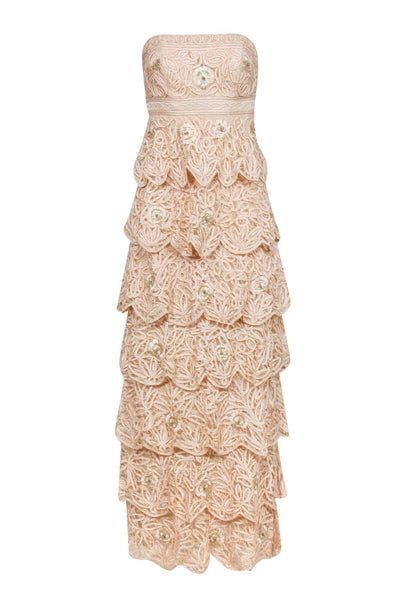 Current Boutique-Sue Wong - Nude Embellished Lace Layer Strapless Gown Sz 0