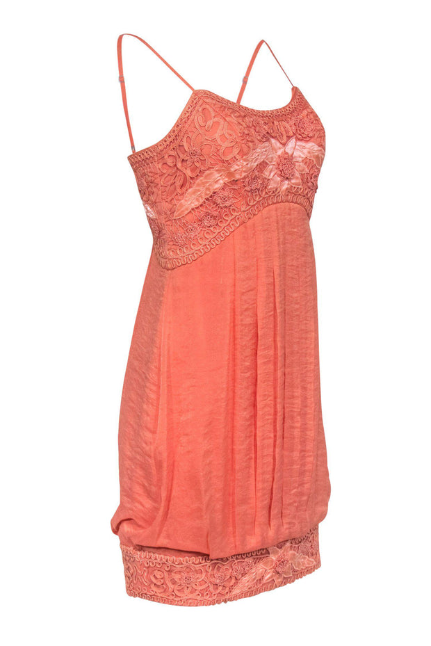 Current Boutique-Sue Wong - Peach Sheath Dress w/ Embroidered Floral Bust & Hemline Sz 6