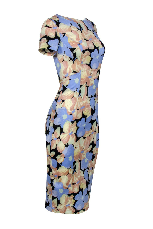 Current Boutique-Suno - Blue & Peach Pastel Floral Print Silk Midi Fitted Sheath Dress Sz 4