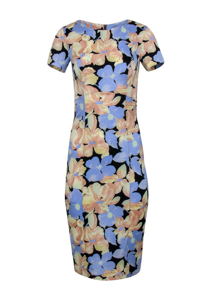 Current Boutique-Suno - Blue & Peach Pastel Floral Print Silk Midi Fitted Sheath Dress Sz 4