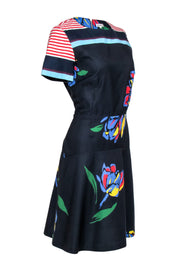 Current Boutique-Suno - Navy & Multicolored Floral Print Short Sleeve Sheath Dress w/ Striped Trim Sz 8