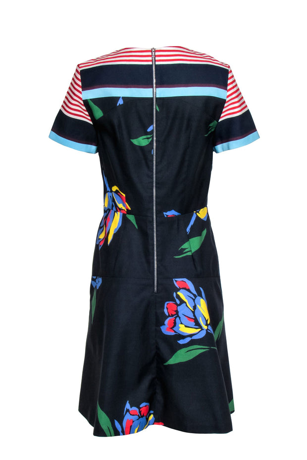 Current Boutique-Suno - Navy & Multicolored Floral Print Short Sleeve Sheath Dress w/ Striped Trim Sz 8