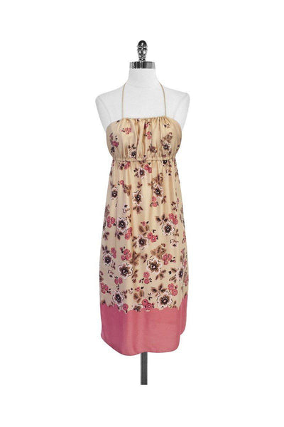 Current Boutique-Susana Monaco - Taupe & Pink Floral Silk Halter Dress Sz 2