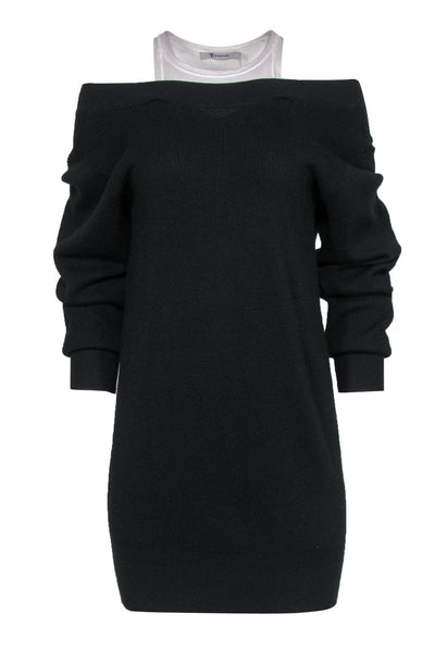 Current Boutique-T by Alexander Wang - Black Ribbed Knit Wool Mini Dress w/ White Tank Layer Sz XS