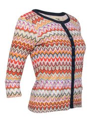 Current Boutique-Tabitha - Multicolor Printed Cropped Sleeve Cotton Cardigan w/ Navy Trim Sz XS