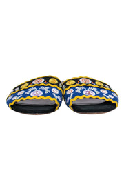 Current Boutique-Tabitha Simmons - Black, Blue & Yellow Floral Embroidered Slide Sandals Sz 11