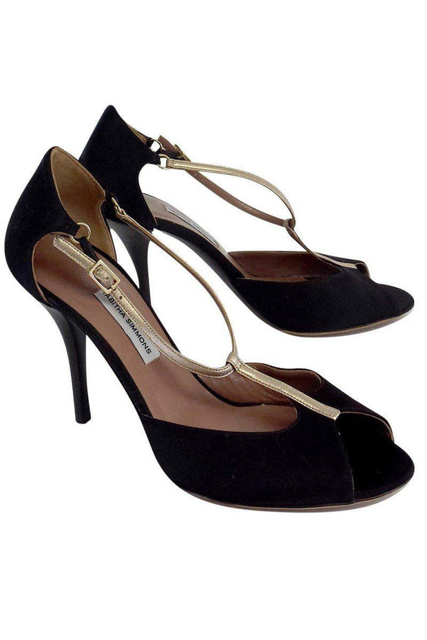 Current Boutique-Tabitha Simmons - Black & Gold Satin T Strap Heels Sz 8