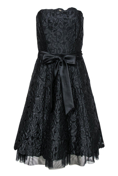 Current Boutique-Tadashi - Black Textured Strapless A-Line Dress w/ Tie Belt Sz 4