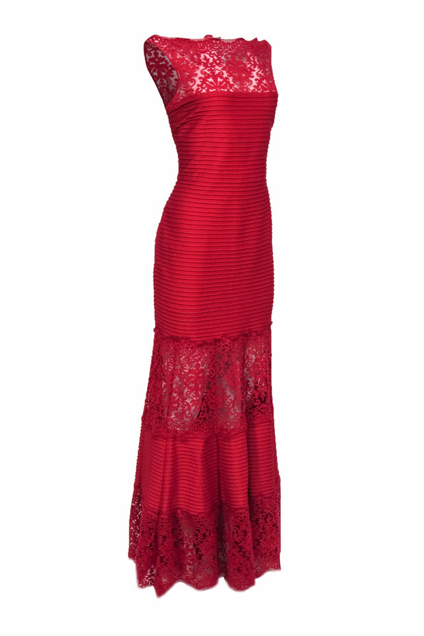 Current Boutique-Tadashi - Red Pleated Sleeveless Gown w/ Lace Trim Sz L