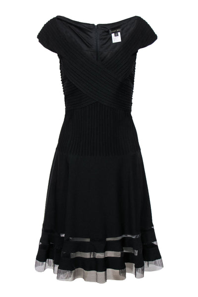 Current Boutique-Tadashi Shoji - Black Ribbed Flare Bodycon Dress Sz L