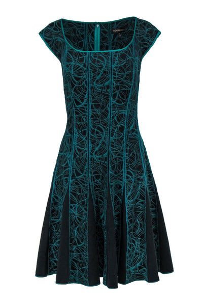 Current Boutique-Tadashi Shoji - Emerald Green & Black Swirly Embroidered Cap Sleeve A-Line Dress Sz L