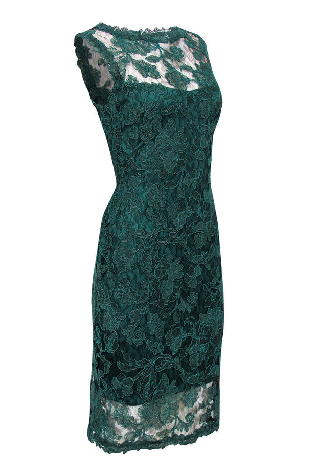 Current Boutique-Tadashi Shoji - Forest Green Floral Lace Sleeveless Midi Dress Sz 10