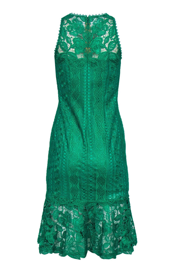 Current Boutique-Tadashi Shoji - Green Floral Embroidered Sleeveless Flounce Hem Dress Sz 4