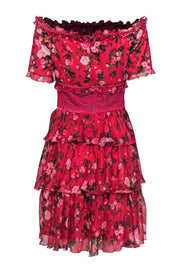 Current Boutique-Tadashi Shoji - Hot Pink Floral Print Tiered Off-the-Shoulder Fit & Flare Dress Sz 2