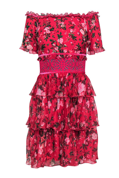 Current Boutique-Tadashi Shoji - Hot Pink Floral Print Tiered Off-the-Shoulder Fit & Flare Dress Sz 2