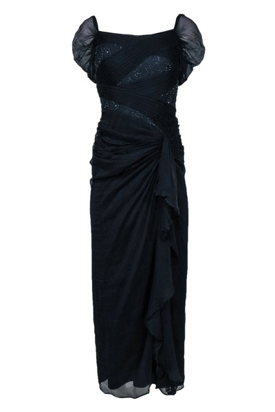 Current Boutique-Tadashi Shoji - Navy Pleated & Draped Off-the-Shoulder Gown w/ Beaded & Lace Trim Sz 6
